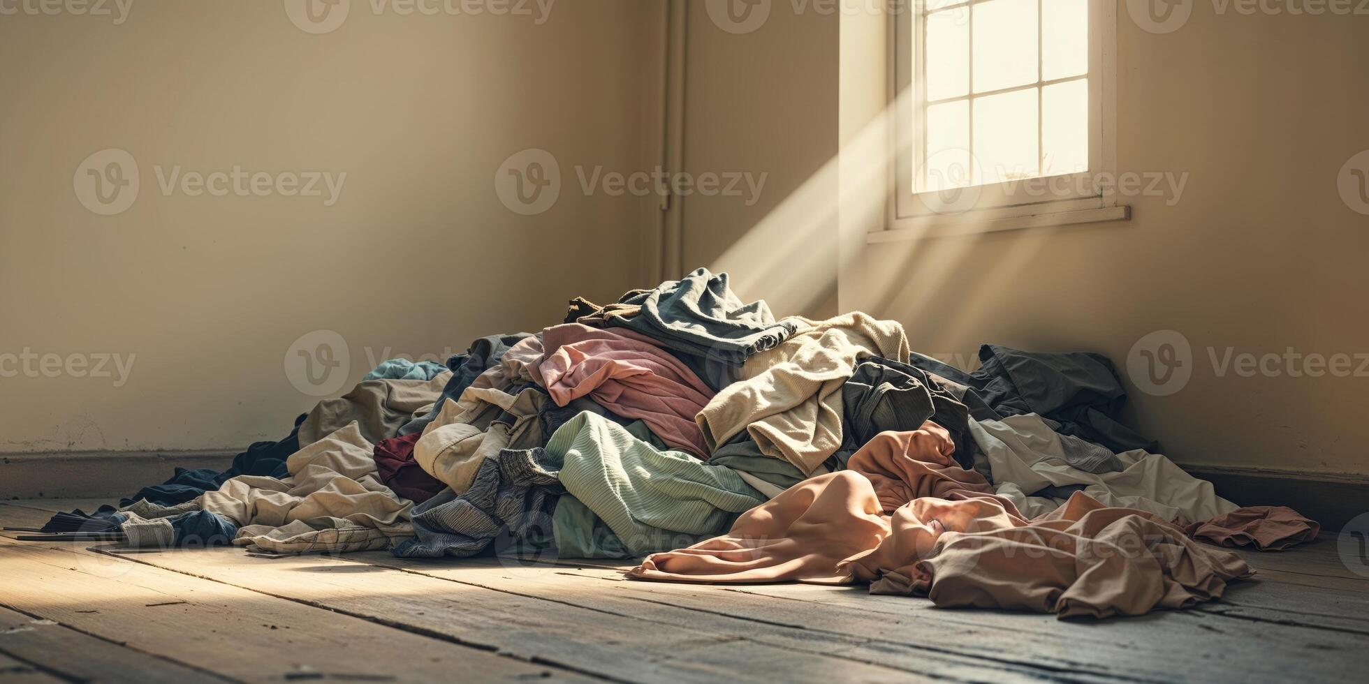 A pile of clothes in an empty room photo