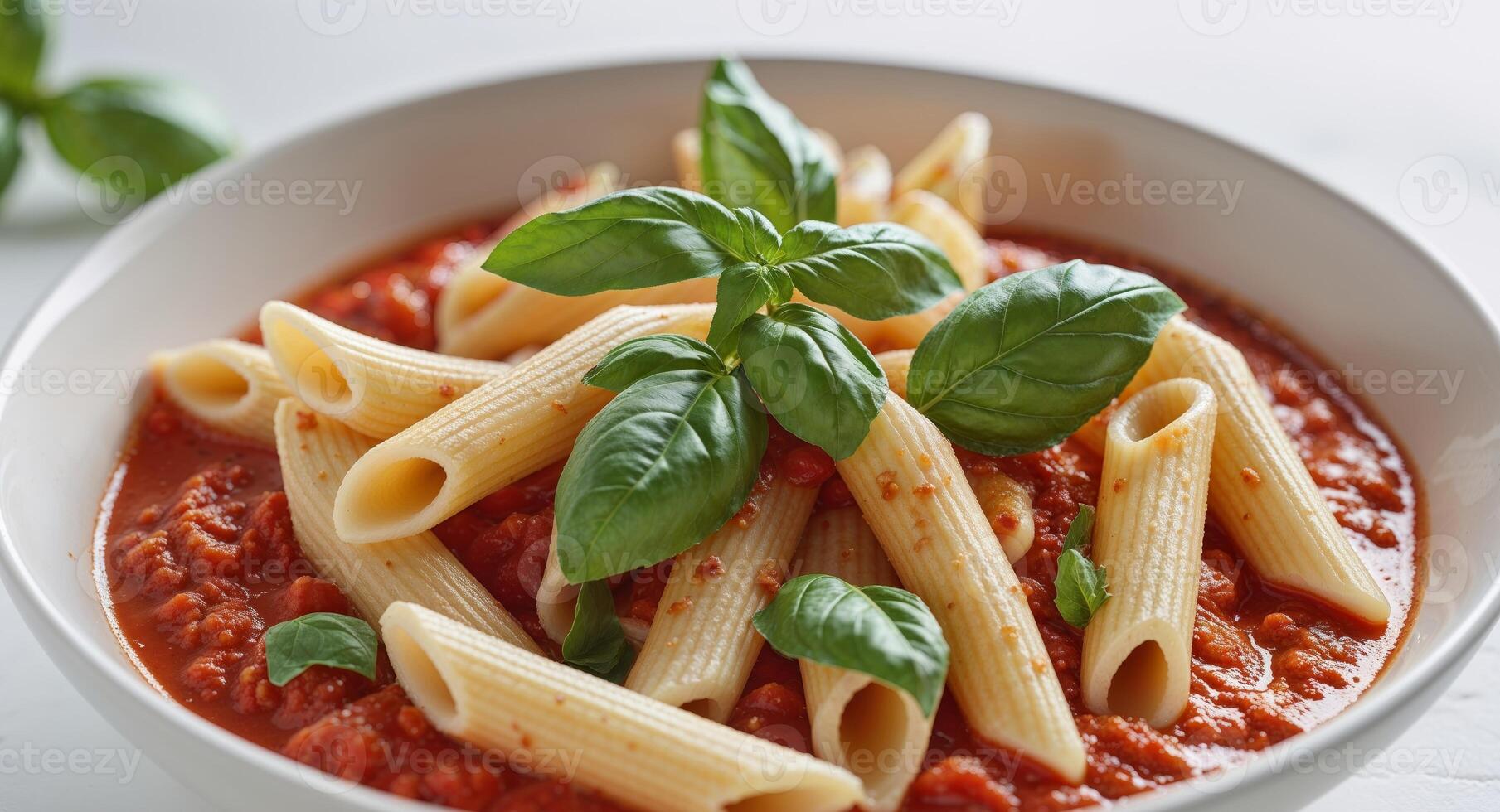 Penne pasta with tomato sauce and basil leaves in a white bowl photo
