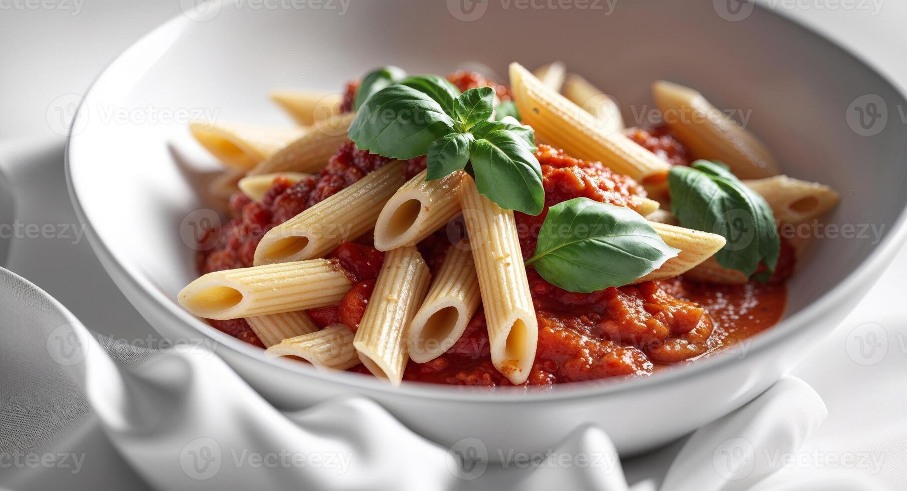 Penne pasta with tomato sauce and basil photo
