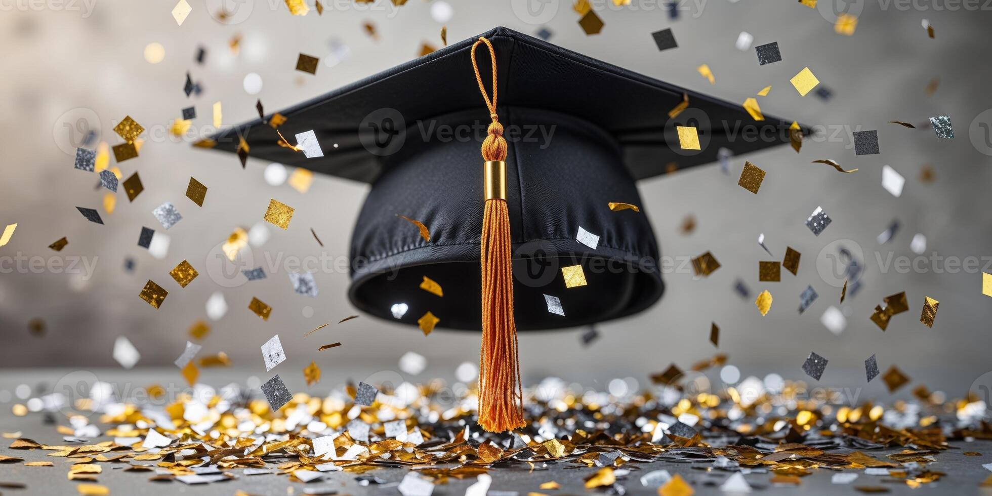 A playful capture of gold and silver confetti settling on a graduation cap with tassel visible photo