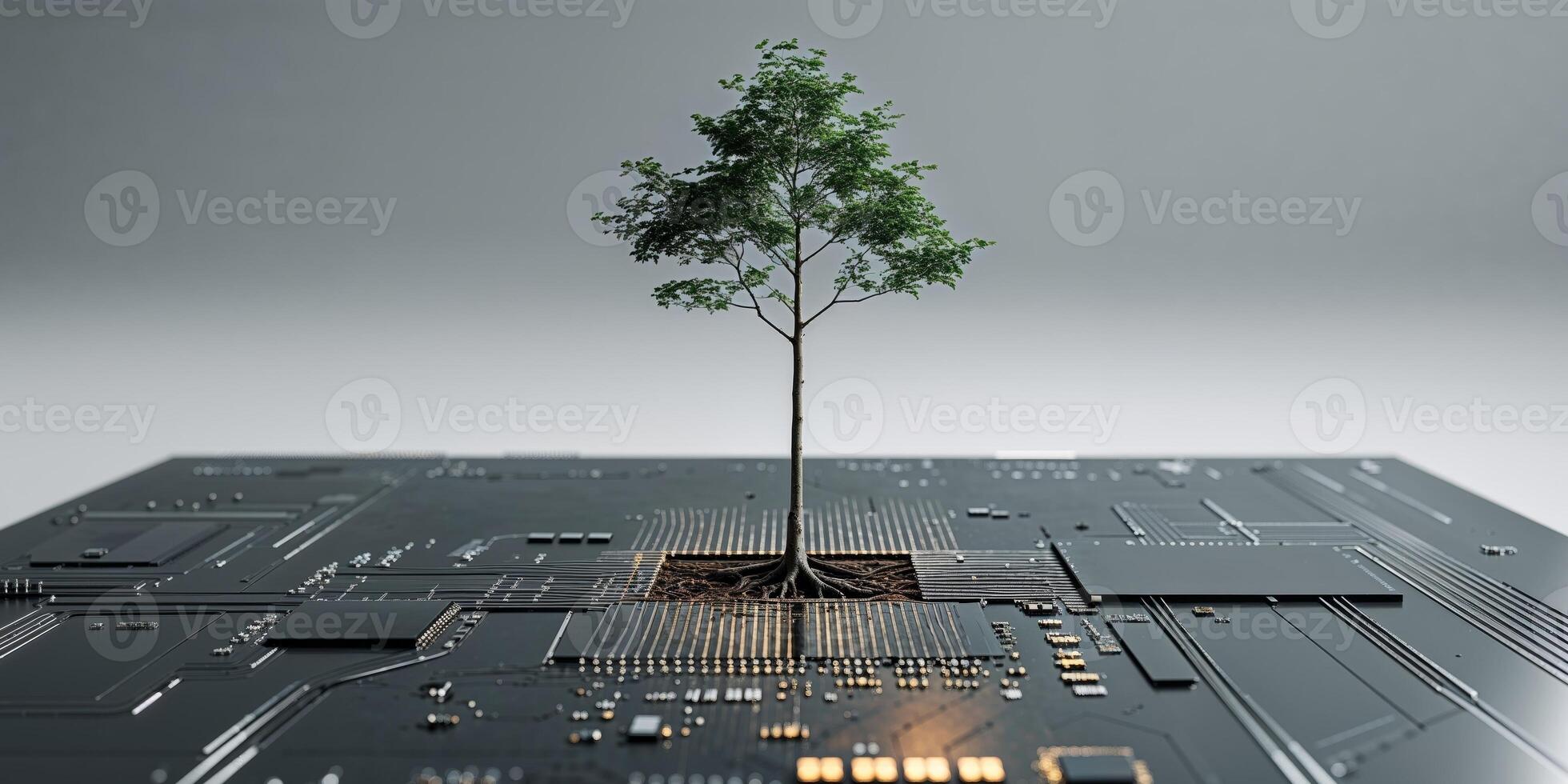 Tree growing on a circuit board illustrating nature and technology connection. photo