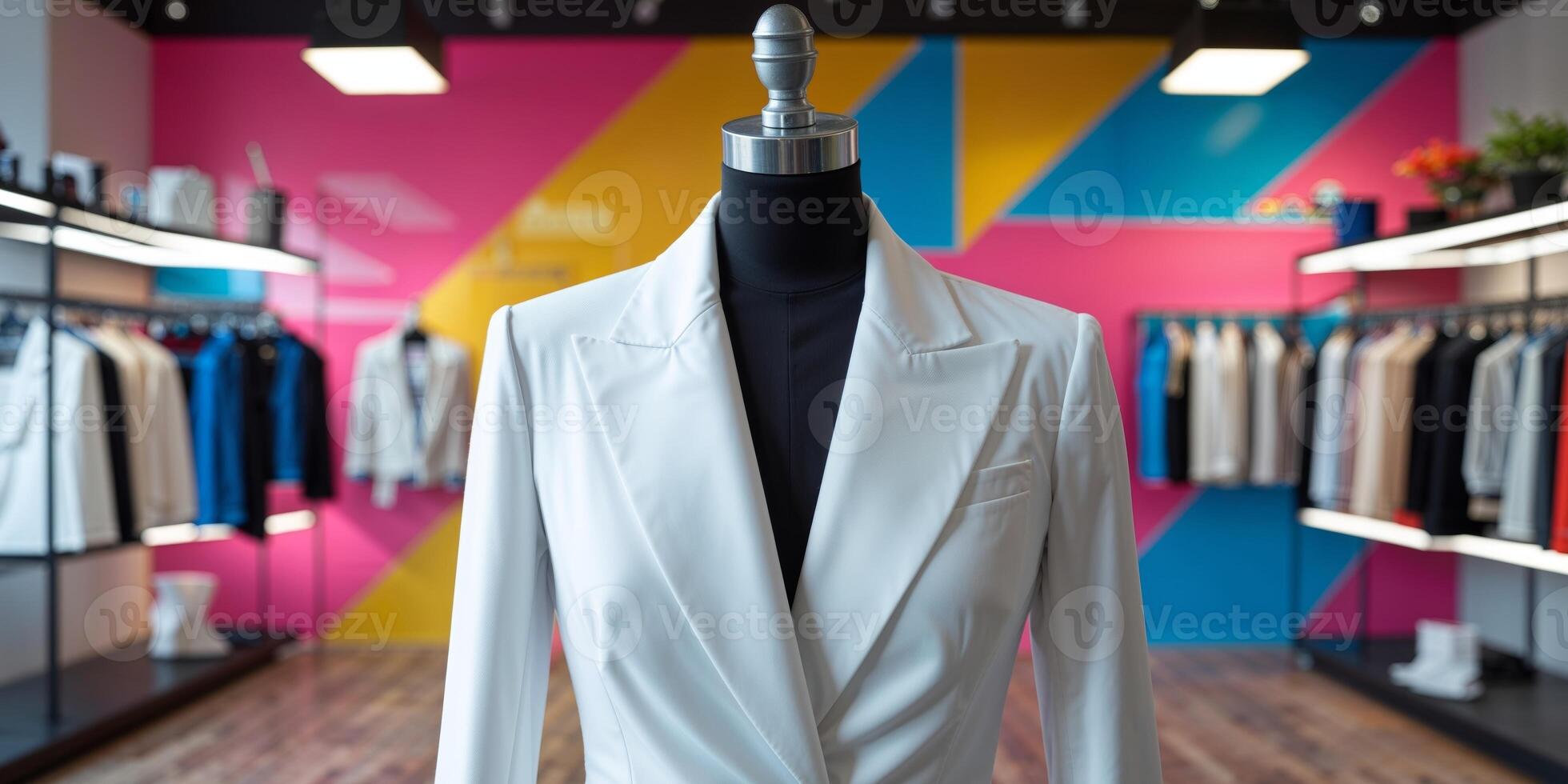 A white jacket is displayed in front of a colorful wall photo
