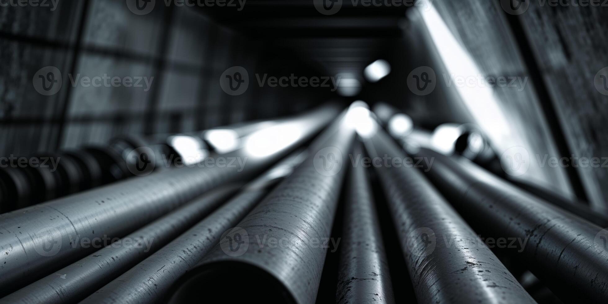 A black and white photo of a long line of pipes