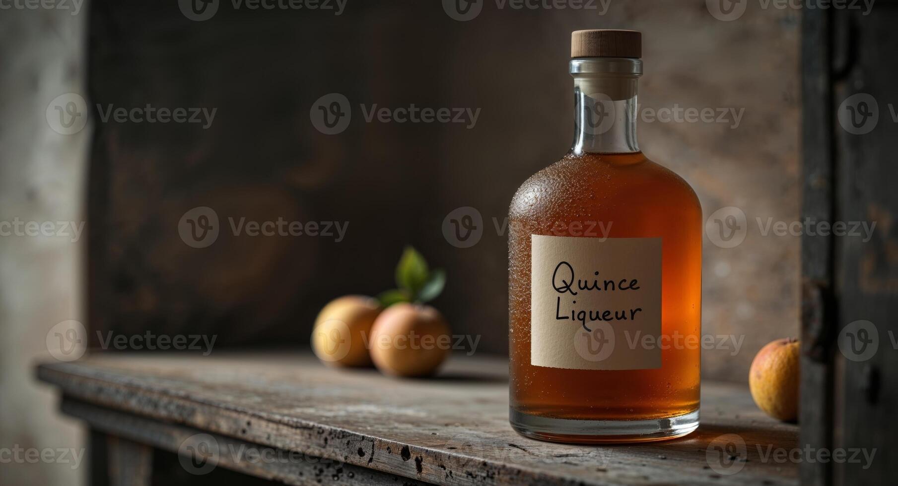A bottle of liquor sitting on a table with apples photo