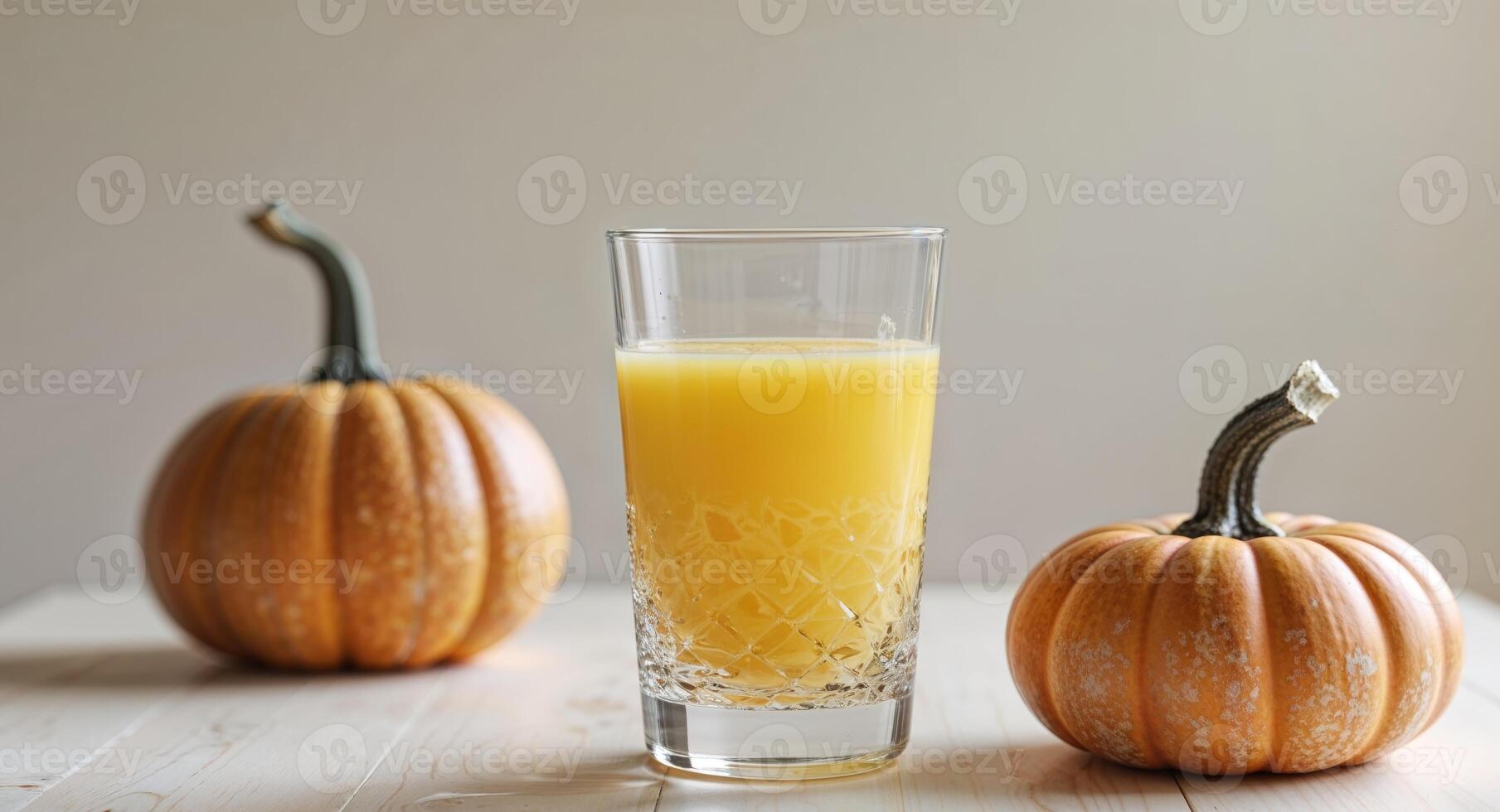 A glass of orange juice is on a table next to two pumpkins photo
