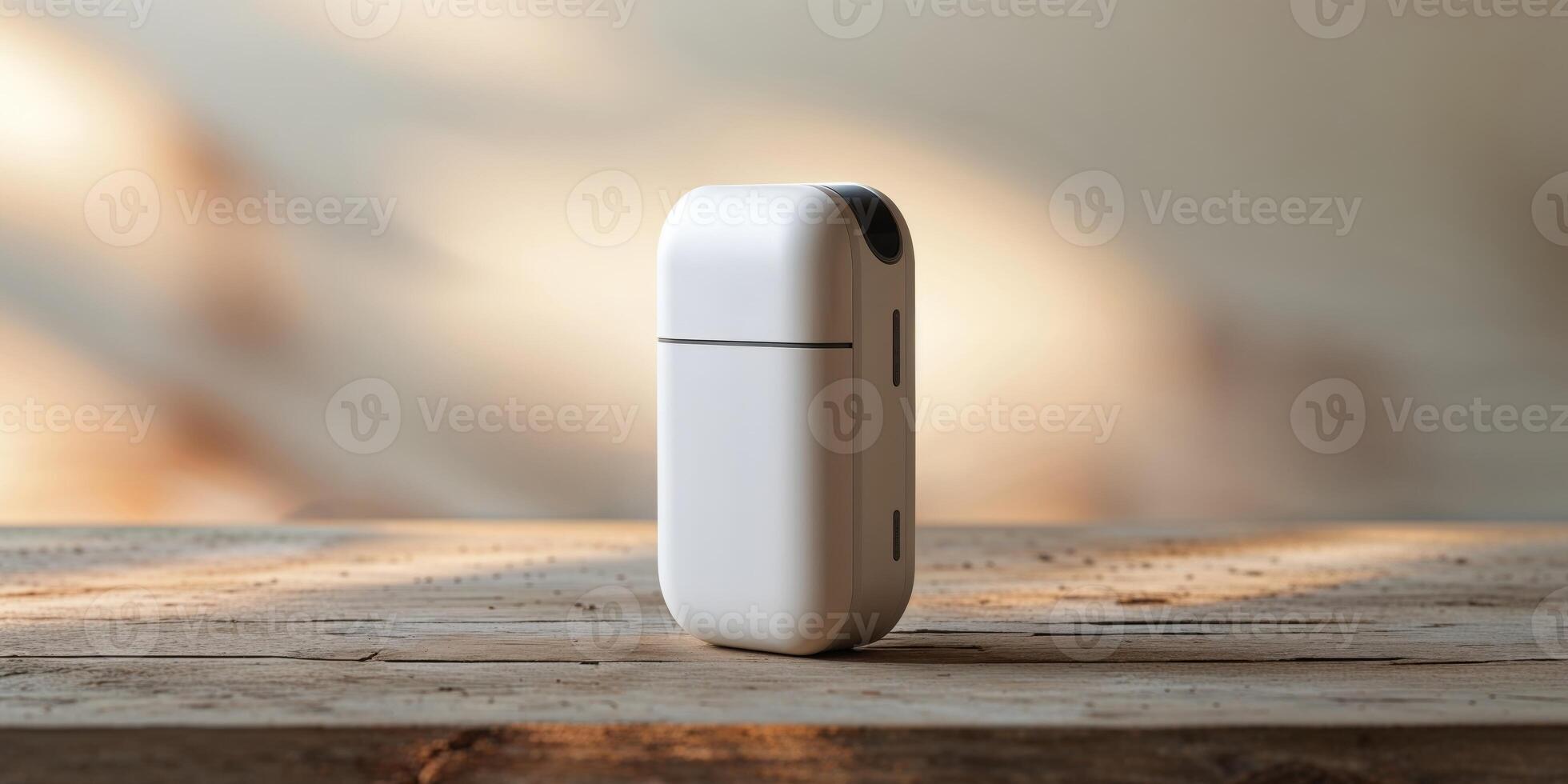 Wireless smart device on a wooden desk in soft natural lighting. photo
