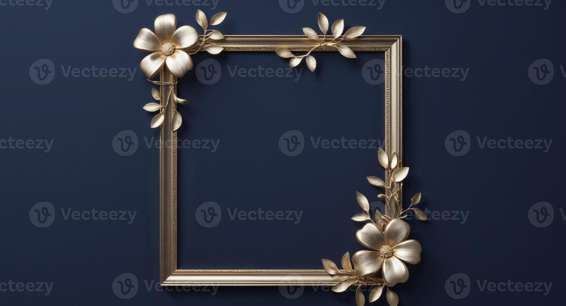 Gold Floral Frame on Navy Blue Background. photo