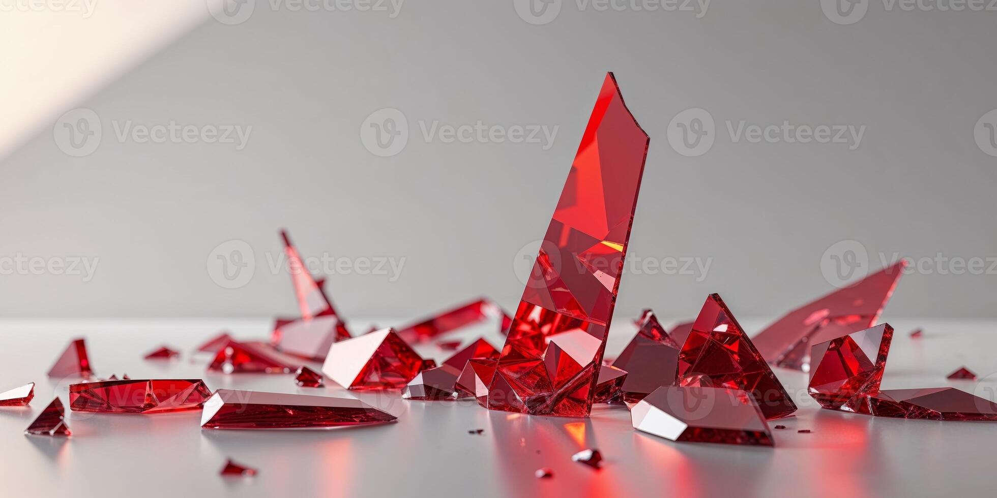 Broken pieces of red glass texture shattered geometric shape gems abstract background photo