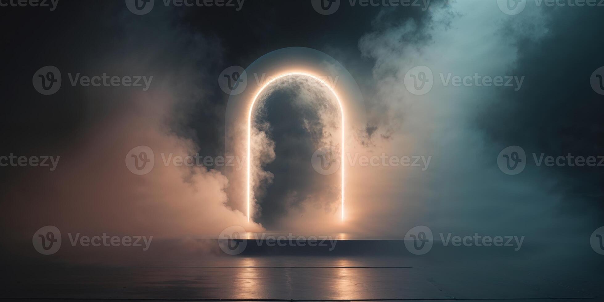 Mysterious illuminated portal with fog eerie atmosphere on stage photo