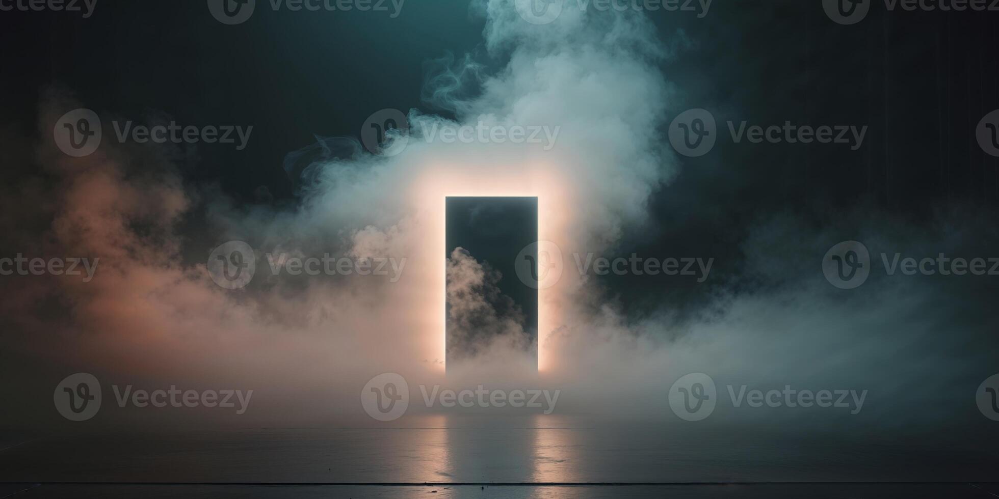 Mysterious illuminated portal with fog eerie atmosphere on stage. photo
