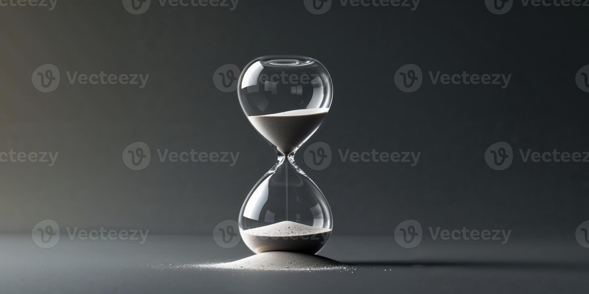 An hourglass with almost no sand left in the upper chamber. photo