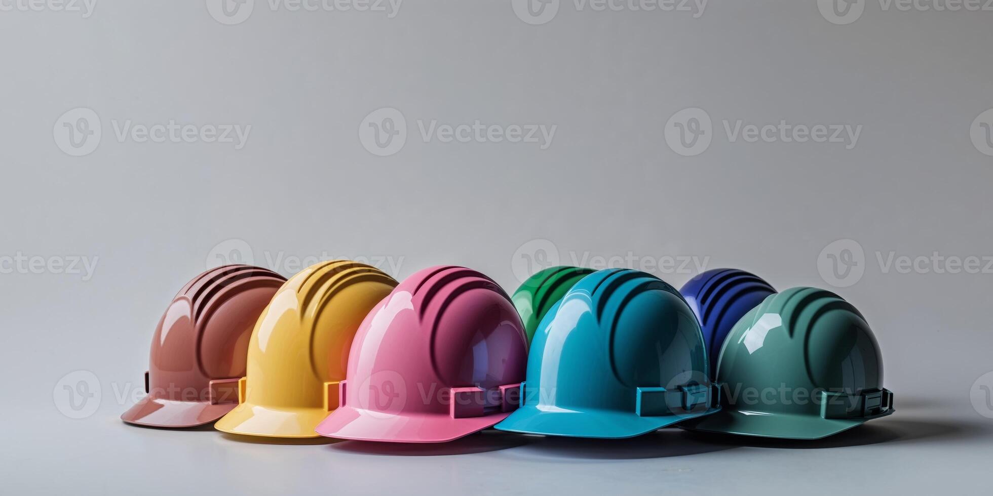 Colorful Hard Hats Arranged in a Well Organized Row. photo