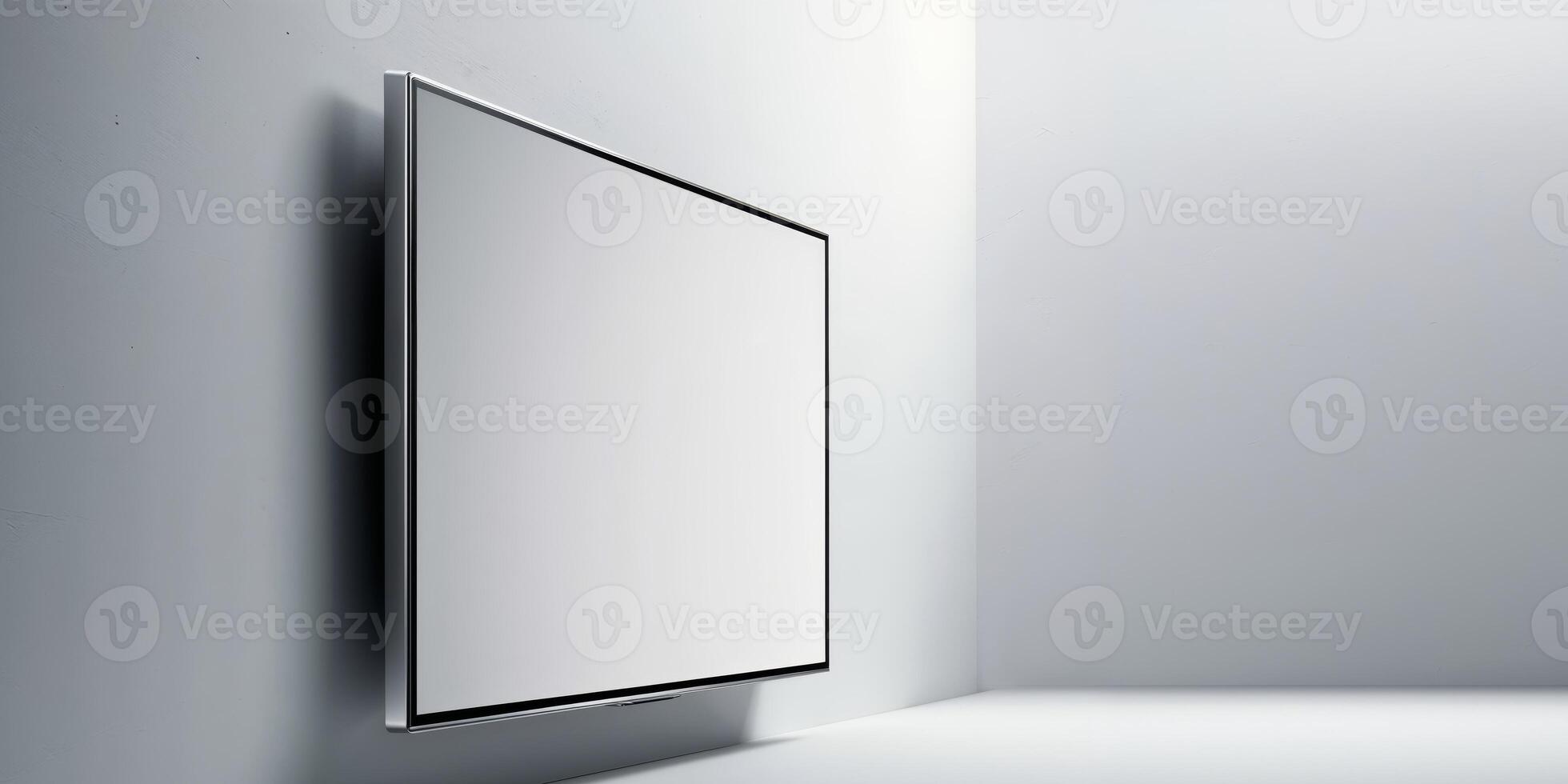 Modern flat screen television mounted on wall with blank display ready for content or image photo