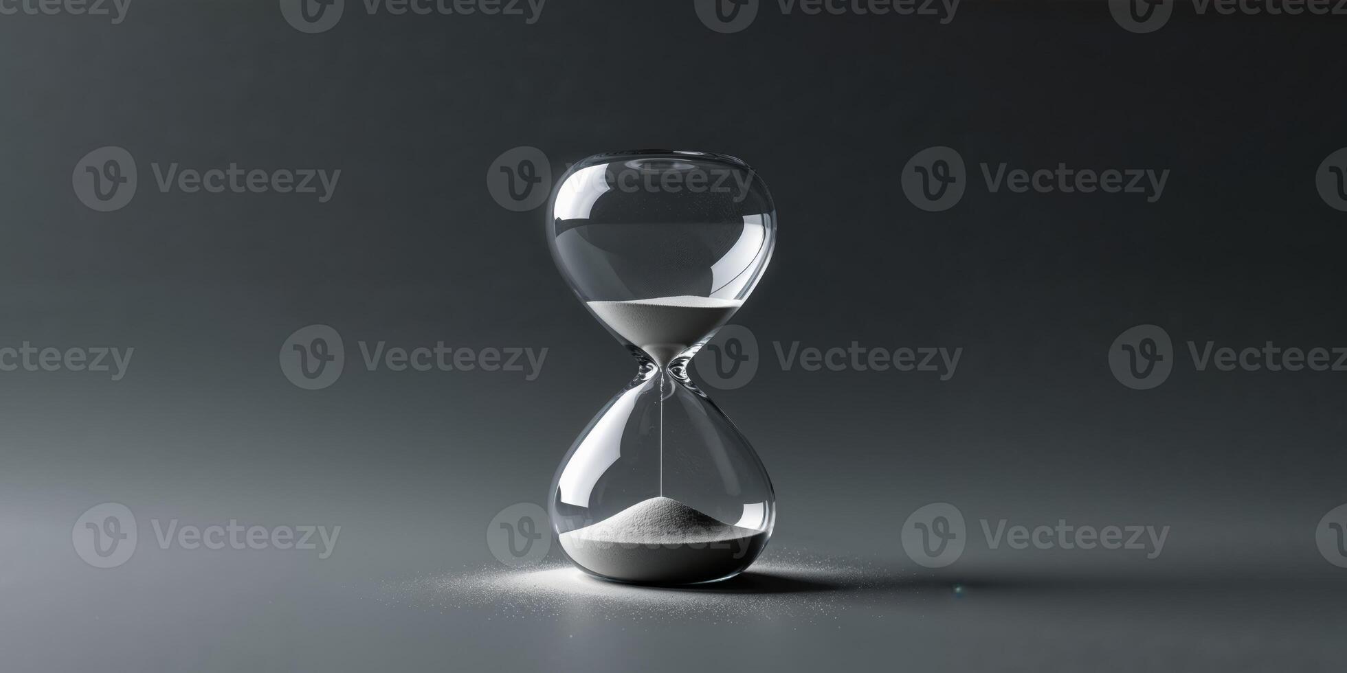 An hourglass with almost no sand left in the upper chamber photo