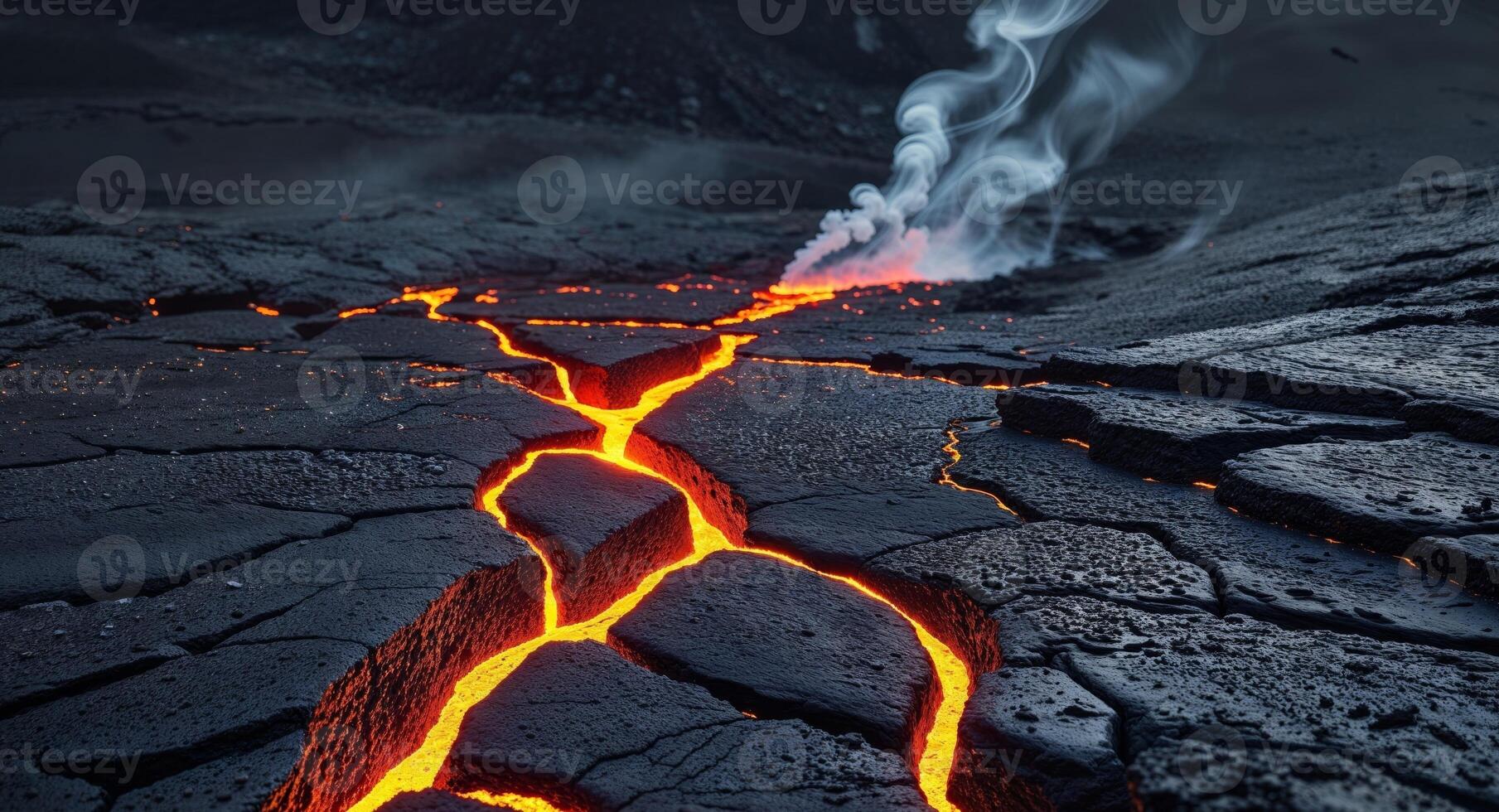 Glowing Lava Cracks Through Dark Volcanic Rock. photo