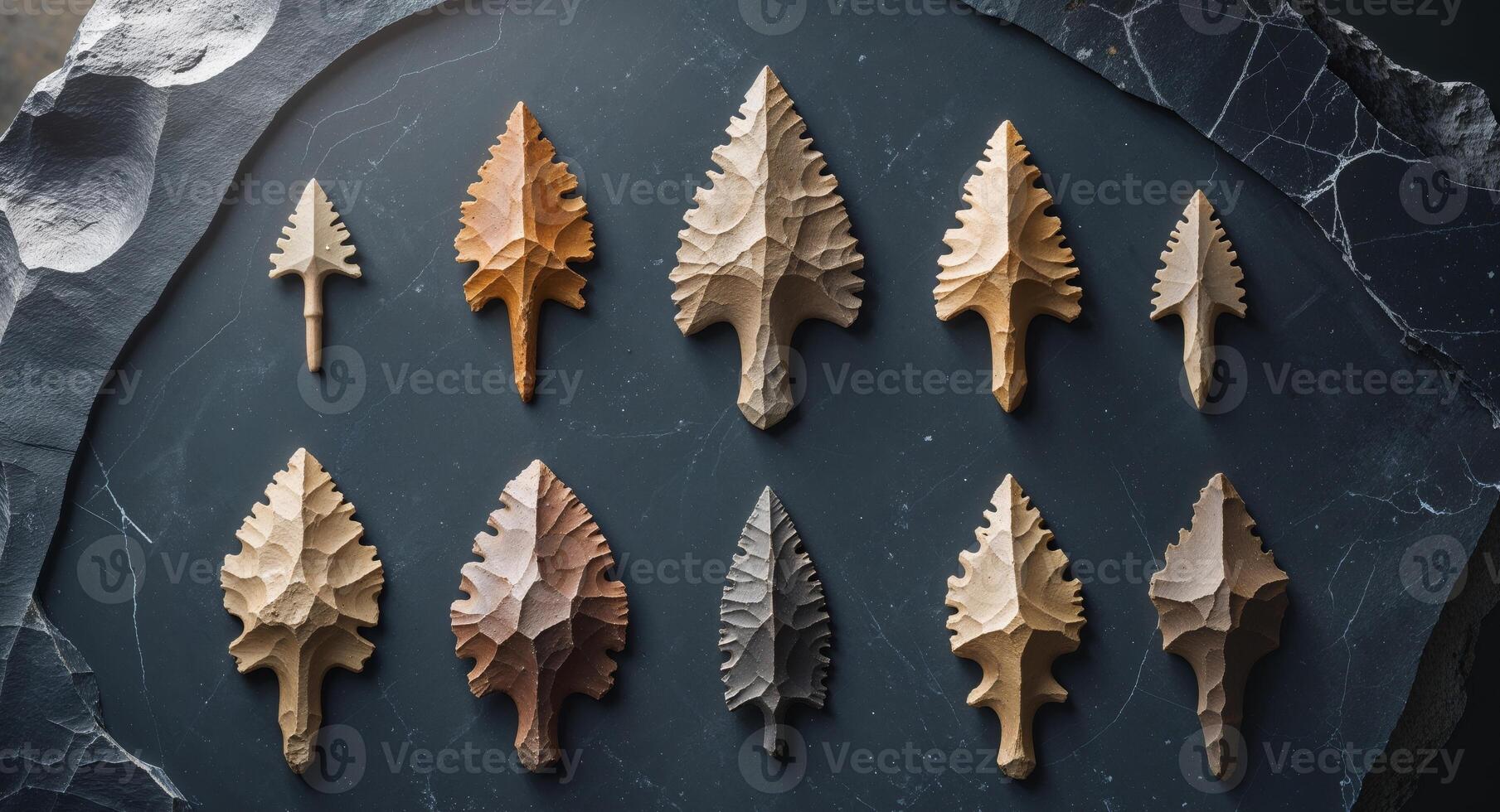 Ancient arrowheads displayed on dark stone photo