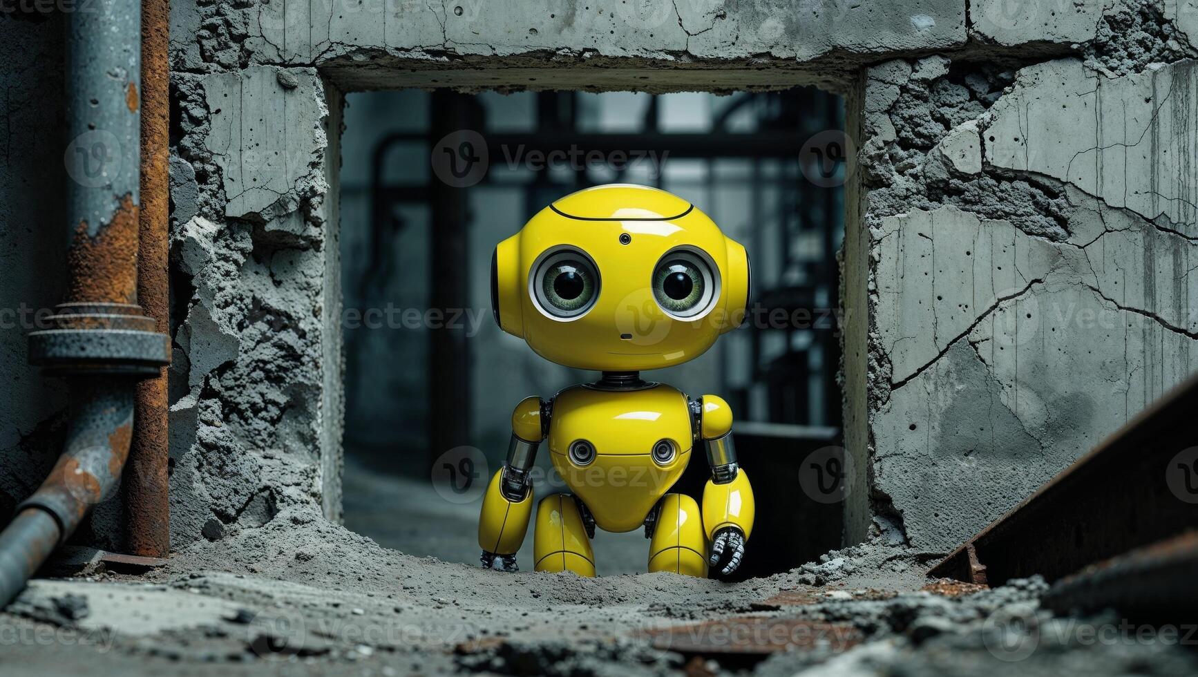 Cute Yellow Robot with Big Eyes Peeking Through a Wall with a Textured Surface in an Industrial Space photo