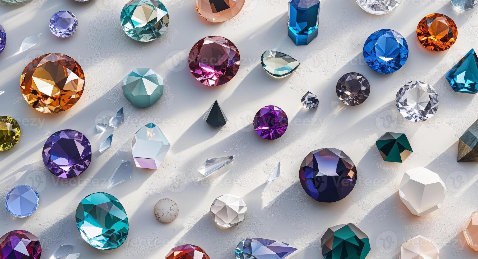 Colorful assortment of polished gemstones and crystals in various shapes and sizes natural texture background with Copy Space. photo