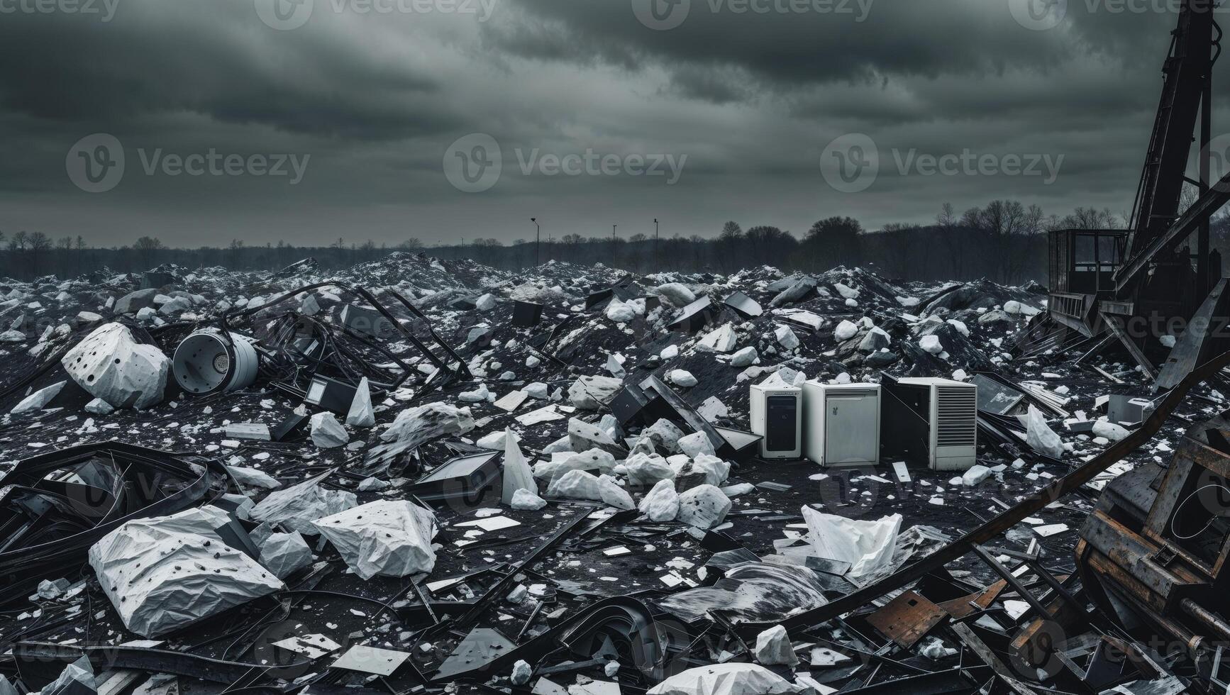 Chaos in recycling overhead view of landfill challenges in urban waste management. photo