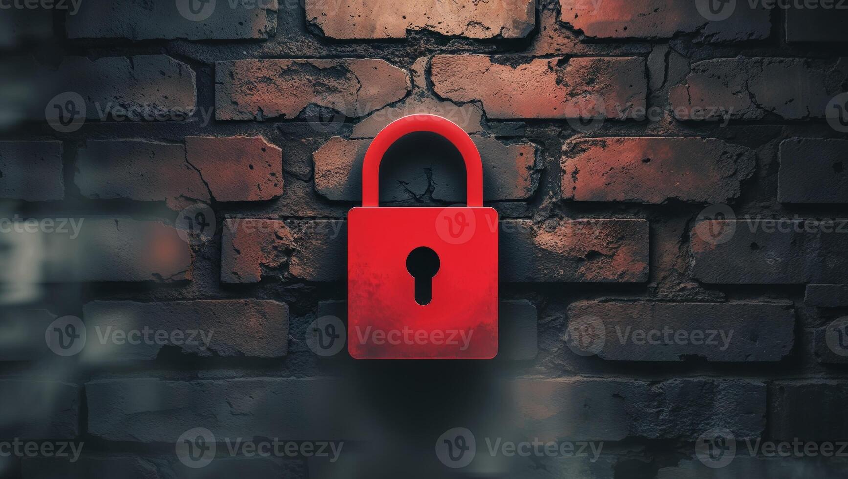 Glowing Red Padlock Symbol on Brick Wall Security and Data Protection photo