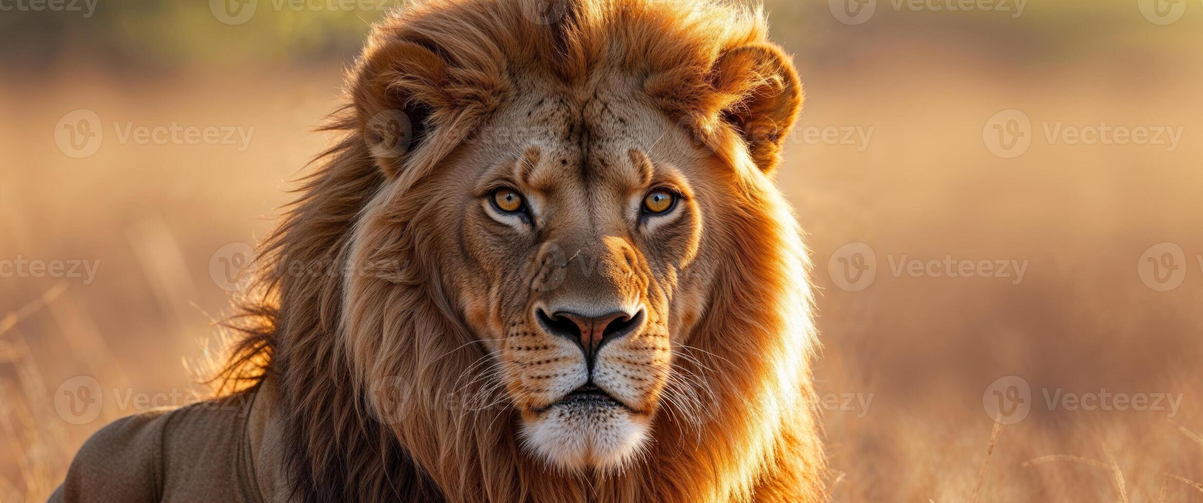 A lion is standing in a field photo