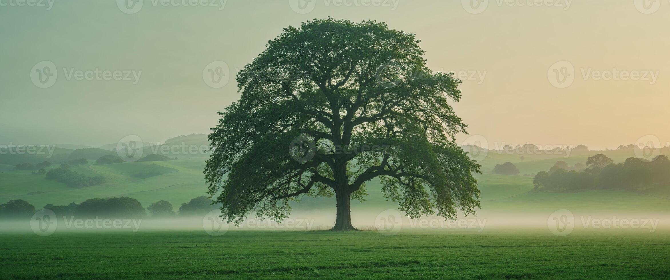 A lone tree in a green field with fog photo