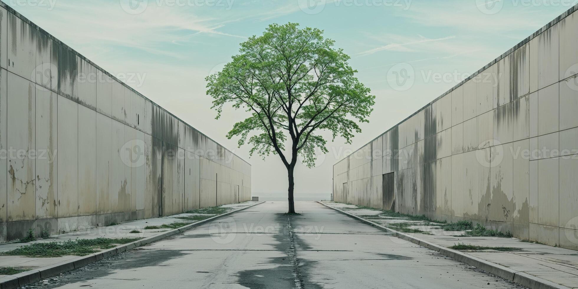A lone tree stands alone in an empty street photo
