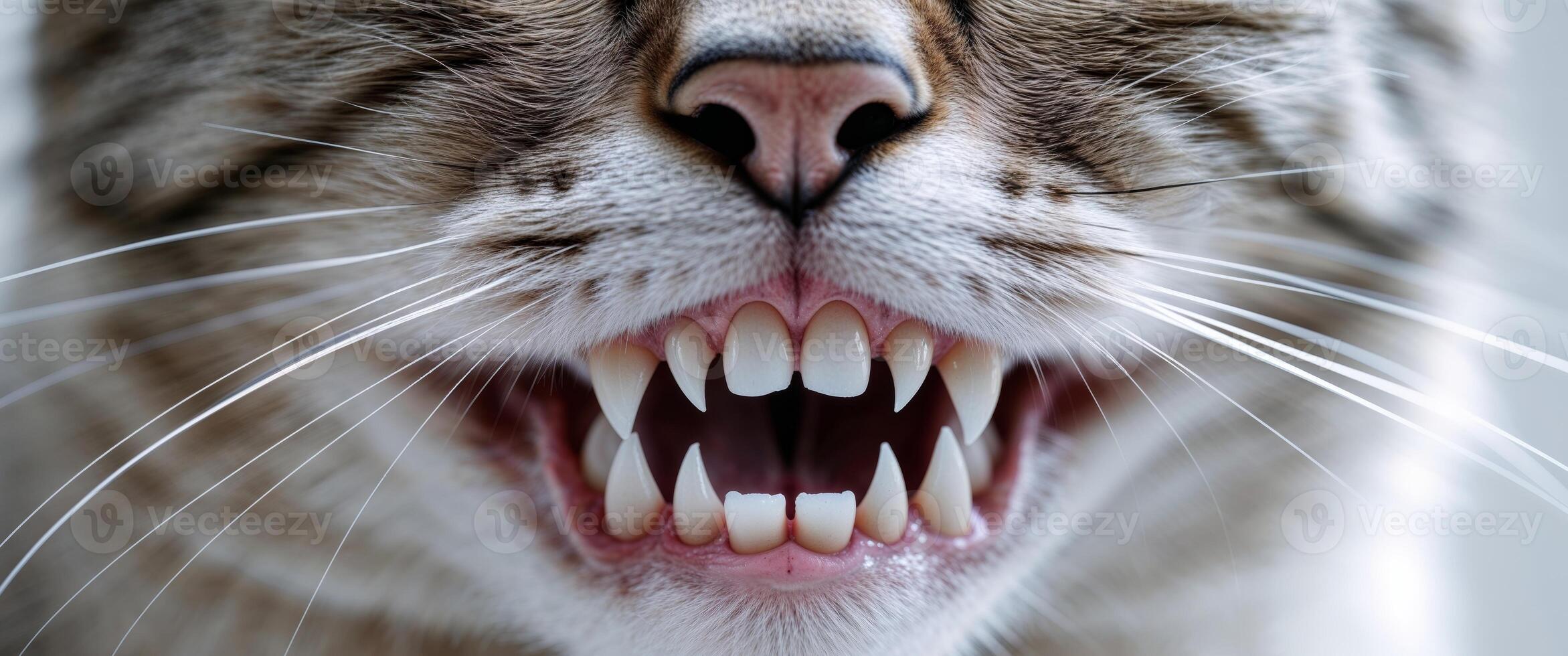 A close up of a cat's mouth with its teeth open photo