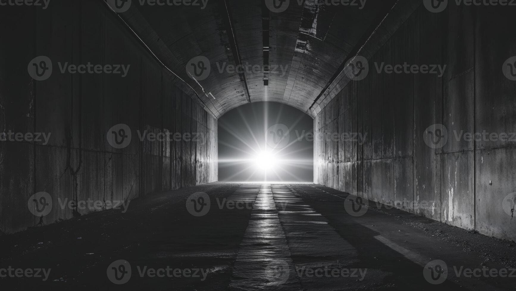 A dark tunnel with a light shining through it photo