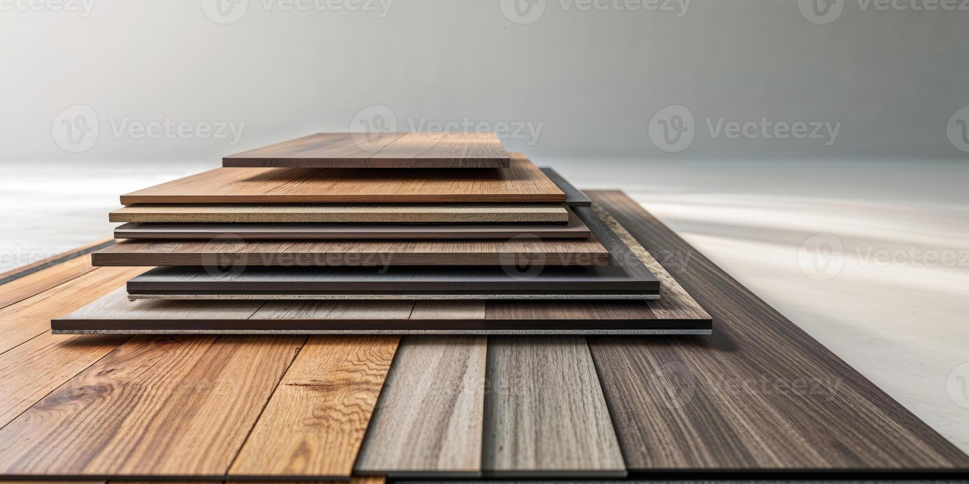 Stack of various laminate wood flooring samples with different textures and colors. photo