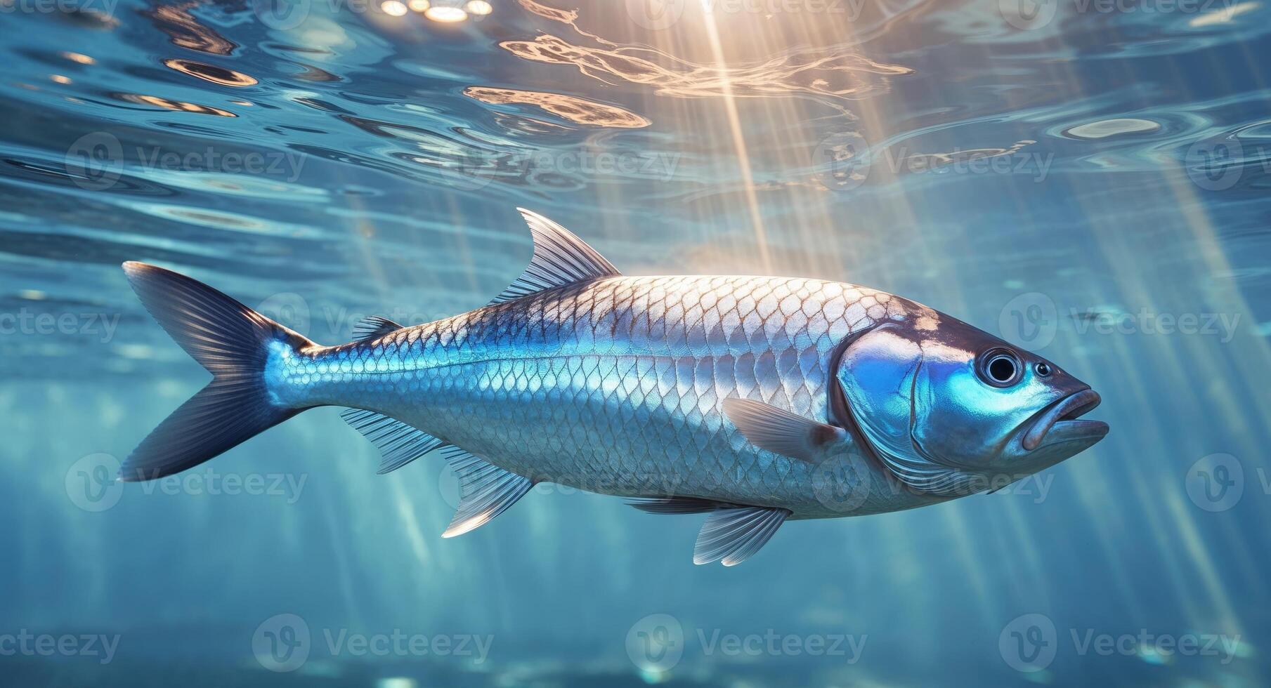 Large fish swimming serenely in deep blue water illuminated by sunbeams filtering through the surface photo