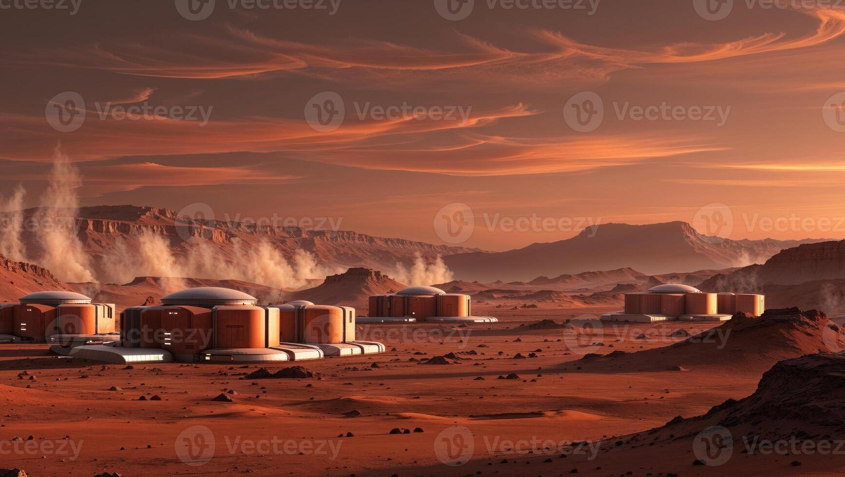 Human colony thriving on Mars surface under red skies photo