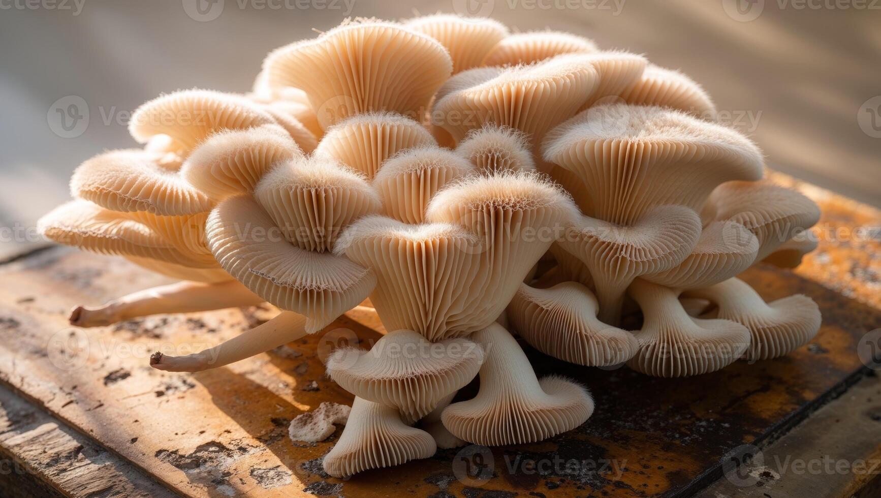 Lion's mane mushrooms on wooden board in sunlight photo