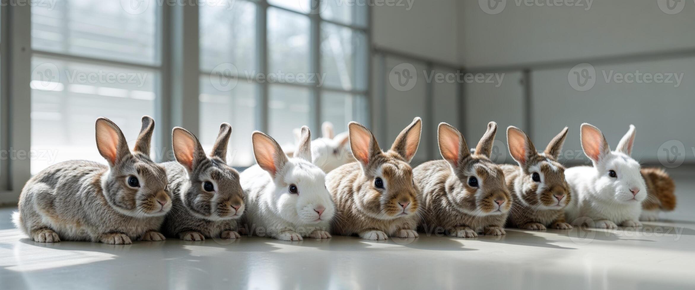 A group of rabbits are lined up in a row photo