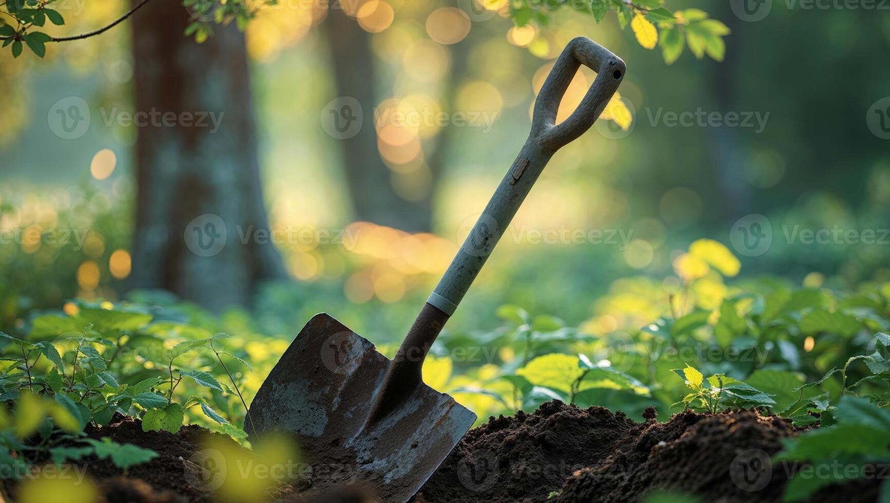 A shovel is digging in the ground in the forest photo