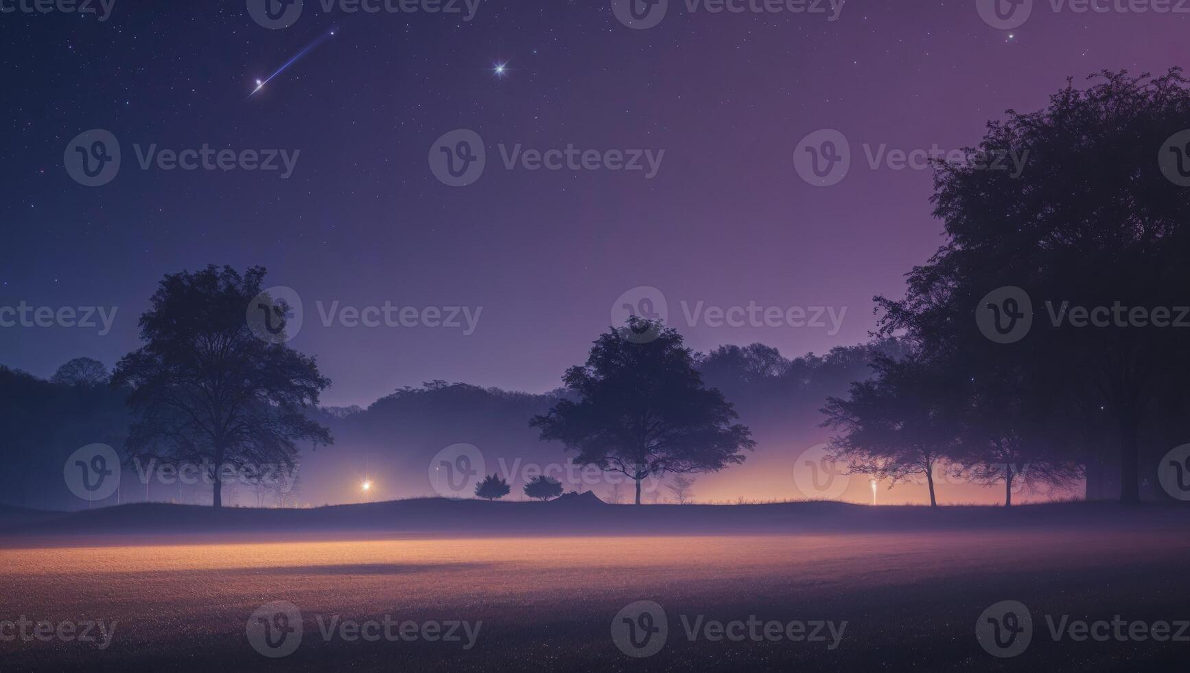 A night sky with a comet and trees photo