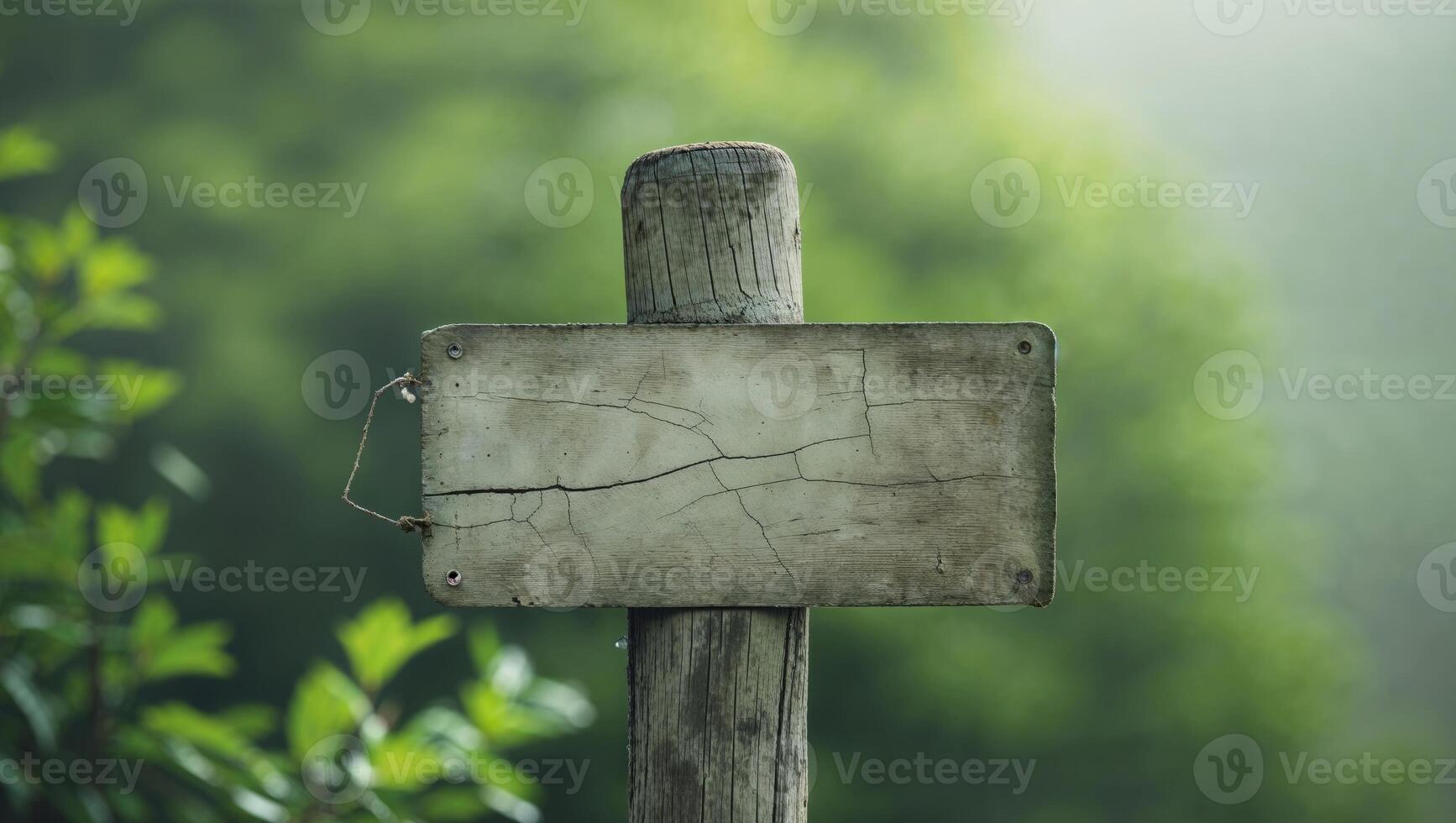 A wooden sign on a post in the middle of a field photo
