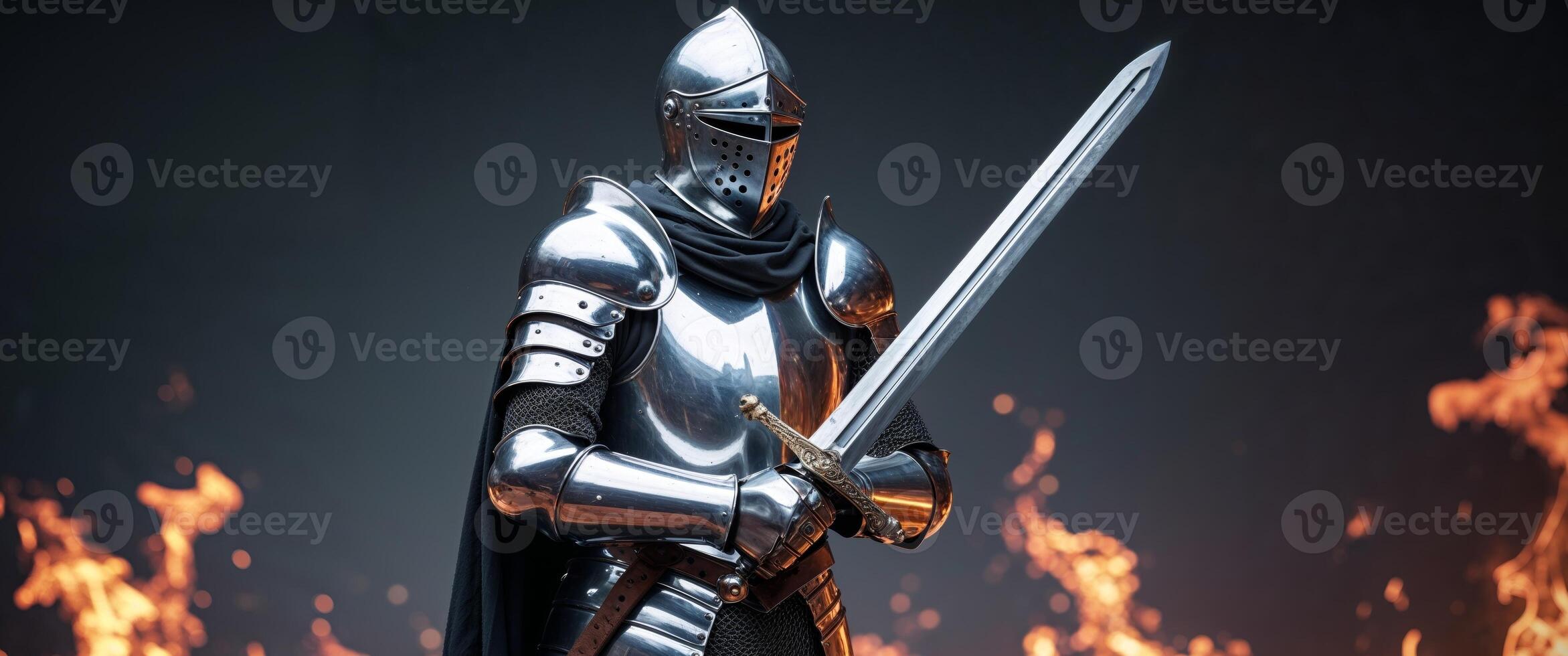 A knight in armor holding a sword in front of fire photo