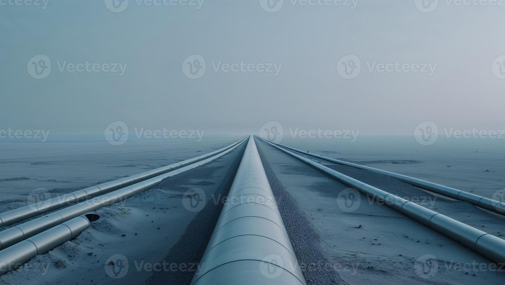 Pipes in the middle of a desert with a foggy sky photo
