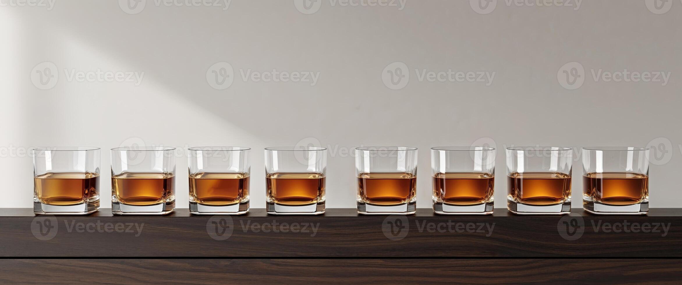 Rich whiskey glasses lined up on dark wood bar photo