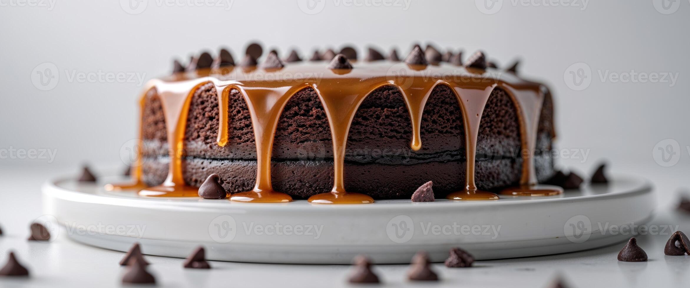 Delicious chocolate cake dripping with caramel sauce and chocolate chips photo