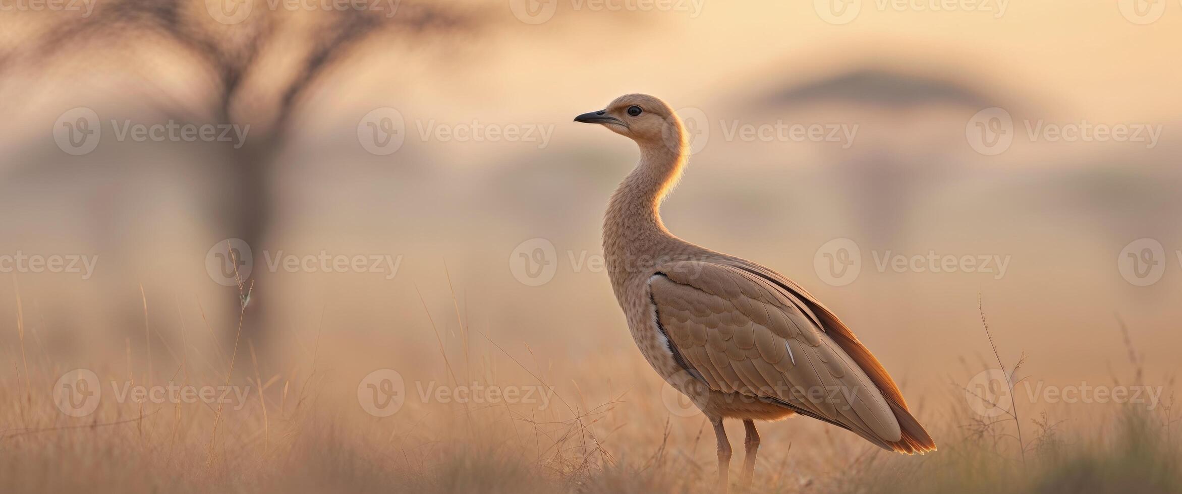 A bird standing in a field with trees in the background photo