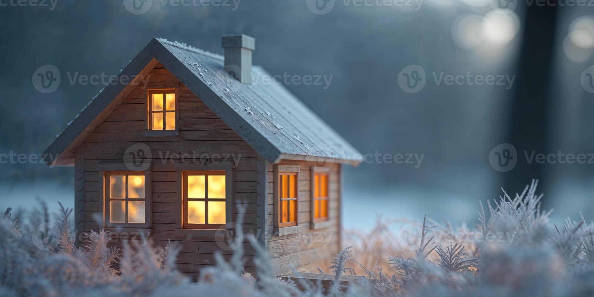 A small wooden house is sitting in the snow photo