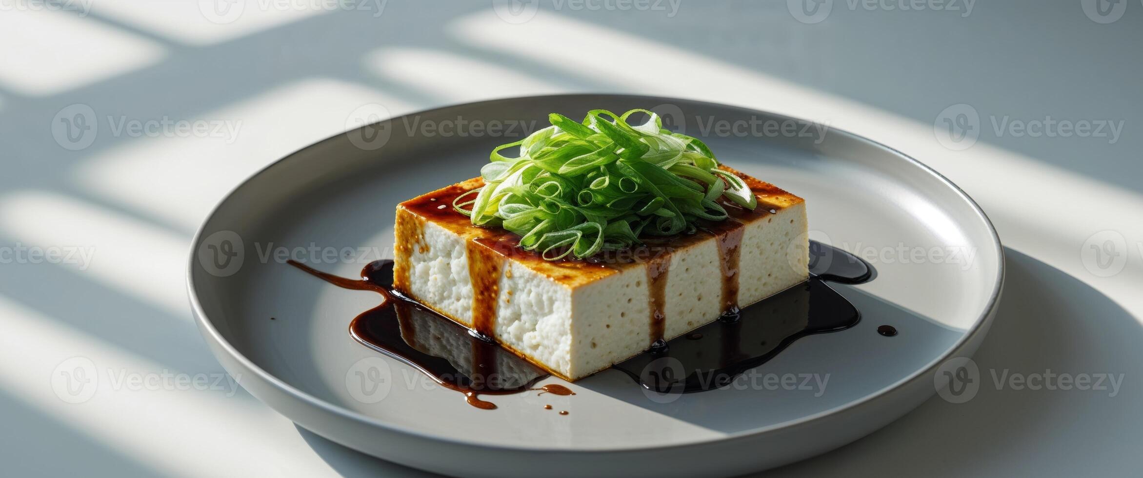 A piece of tofu on a plate with sauce photo