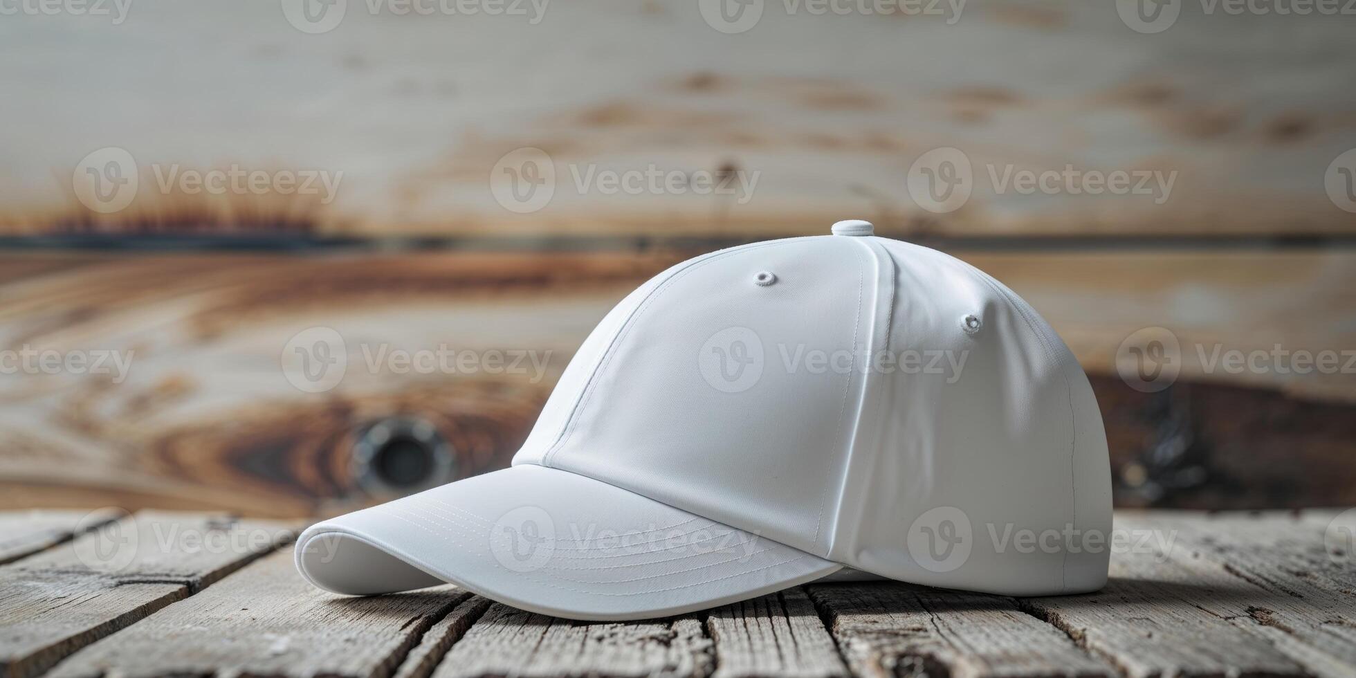 White baseball cap on wooden table photo