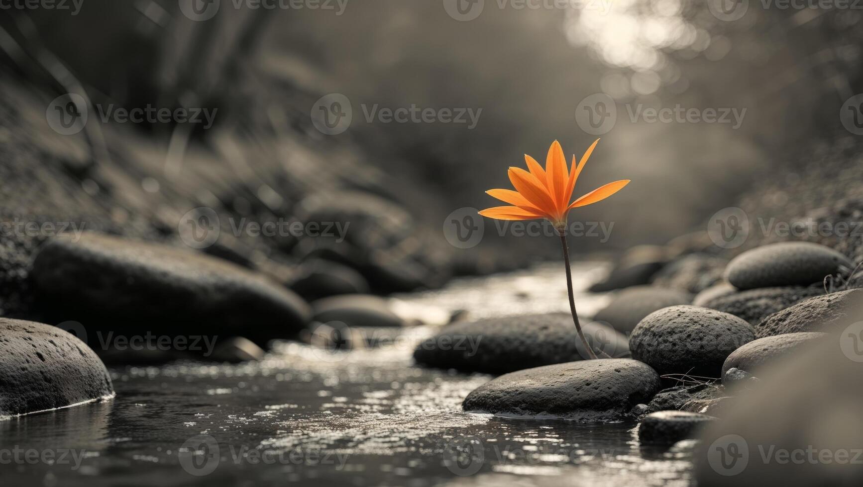 A single orange flower growing out of the water photo