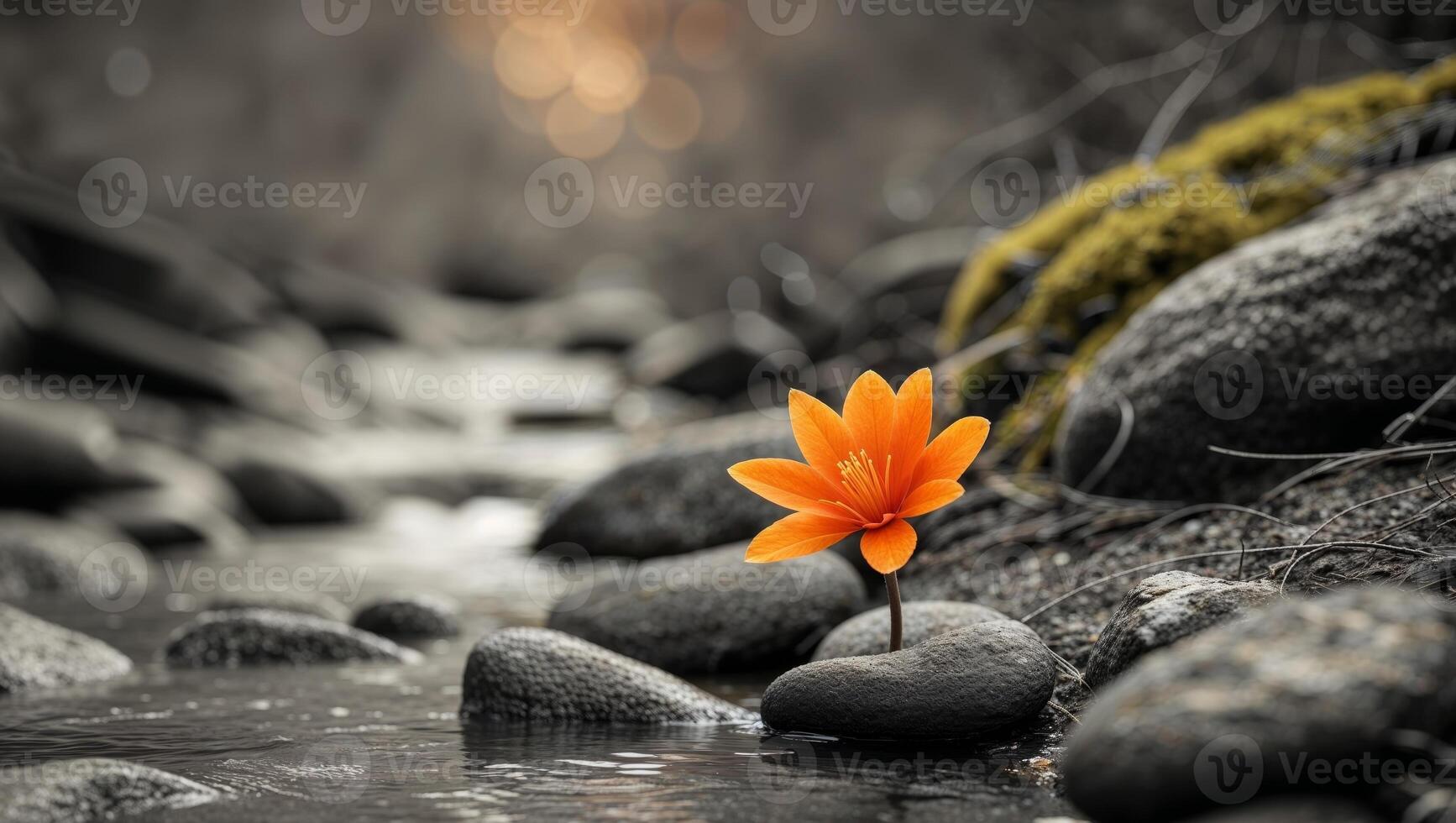 A single orange flower is growing out of the rocks photo
