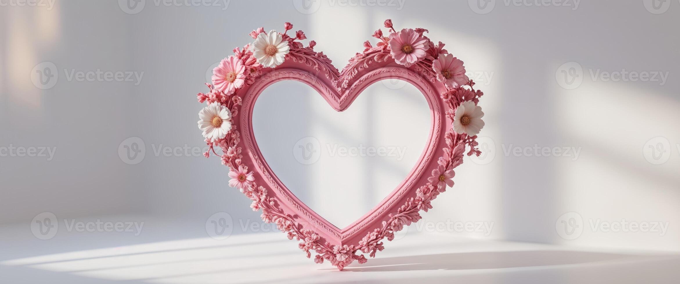A pink heart shaped frame with flowers on it photo