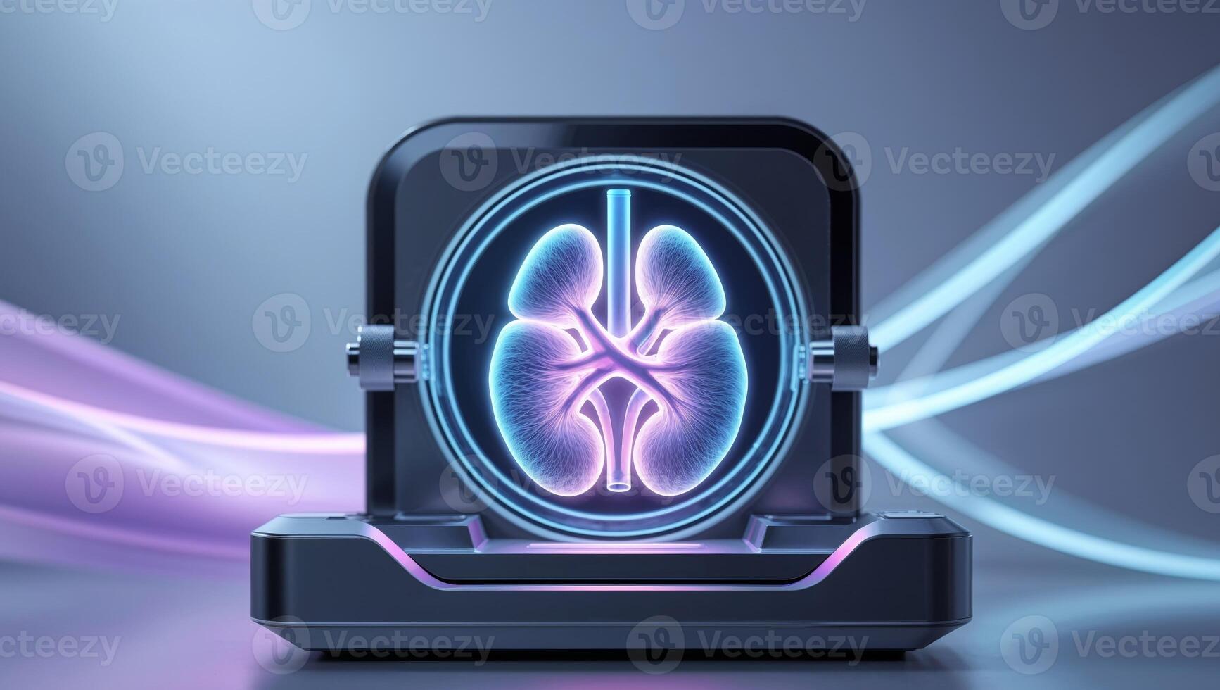 Futuristic Glowing Kidney Displayed in a Diagnostic Device With an Abstract Modern Background photo