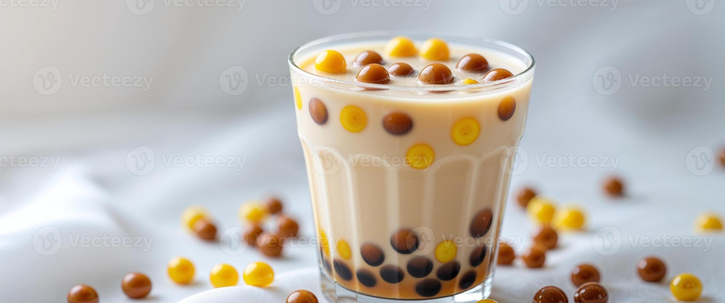 Creamy Caramel Beverage with Brown and Yellow Tapioca Pearls. photo